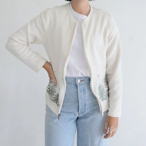 Vintage Croft And Barrow Cream Embroidered Moose Forest Zip Cardigan Sweater M